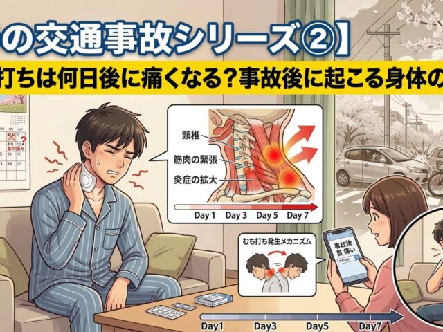 【春の交通事故シリーズ②】むち打ちは何日後に痛くなる？事故後に起こる身体の変化