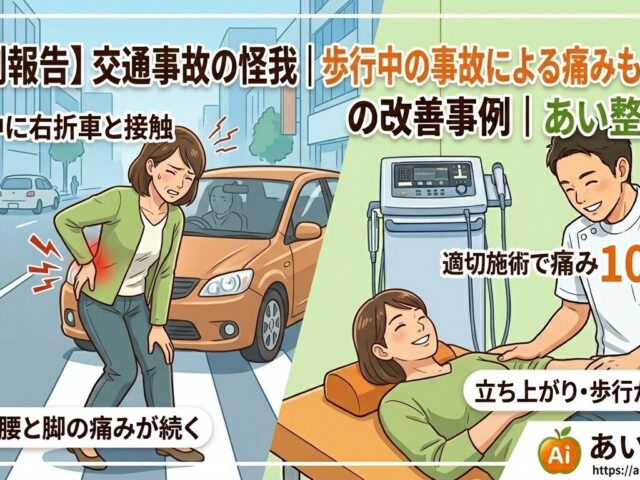 【交通事故】横断歩道での接触転倒…歩行時の腰・脚の痛みが「10→5」に半減した施術事例
